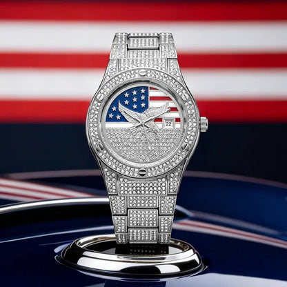 Iced Out Gold US Flag Eagle Watch Diamond Quartz Watch Luxury Wristwatch