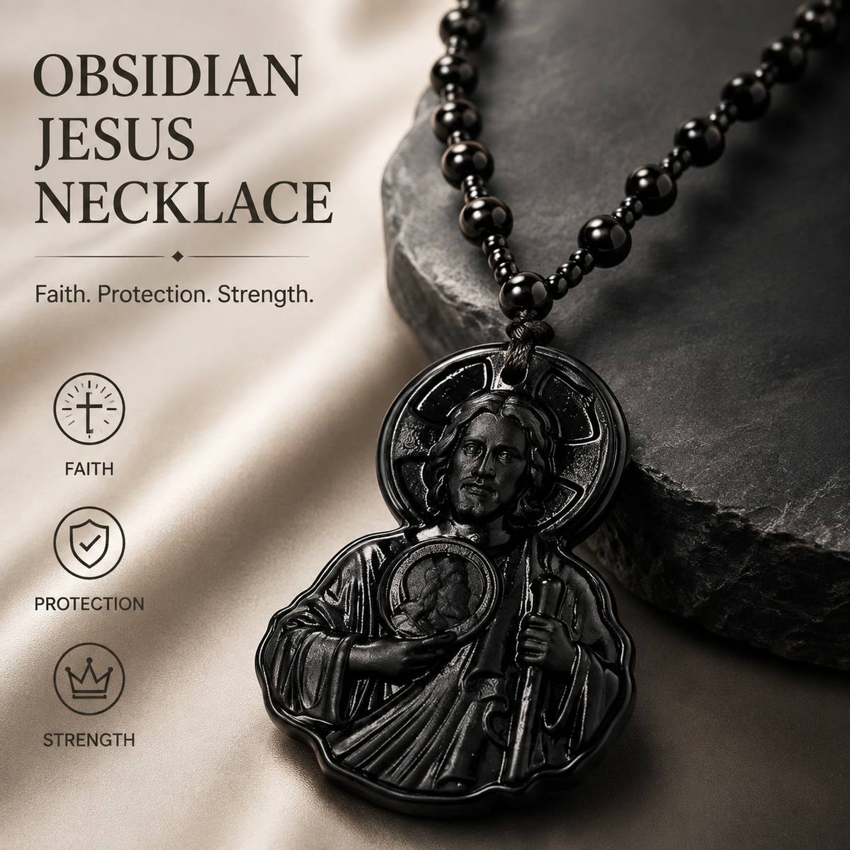 Natural Obsidian Jesus Sacred Heart Pendant Necklace, Catholic Faith Amulet, Bead Long Rosary Chain