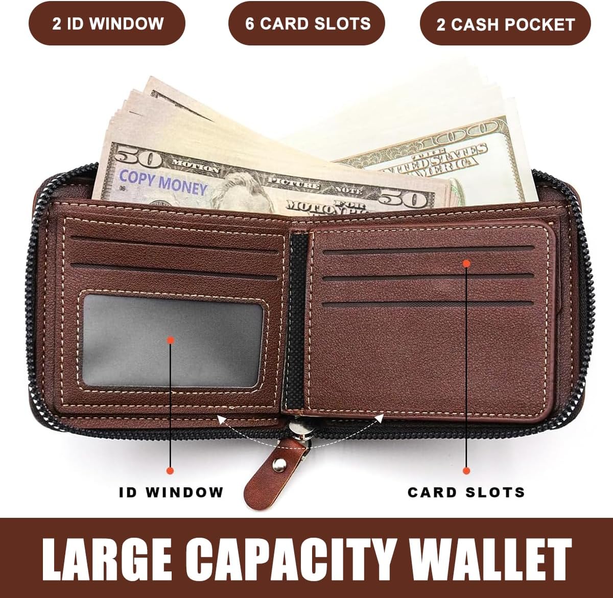 Men's Bi-fold Zip Leather Wallet I Features 9 card slots, 2clear ID windows, anddurable stitching