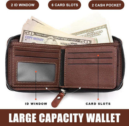 Men's Bi-fold Zip Leather Wallet I Features 9 card slots, 2clear ID windows, anddurable stitching