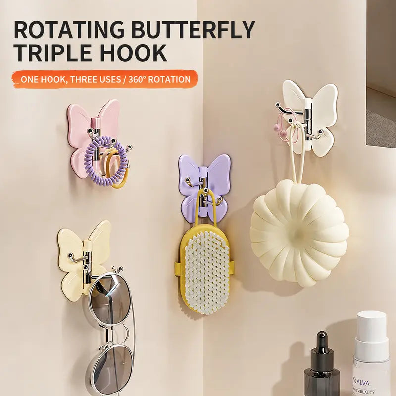 8Pcs Rotating Butterfly Hooks, Strong Adhesive Home Organizer Hooks - No Drilling Required, for Towels, Bags, Hats