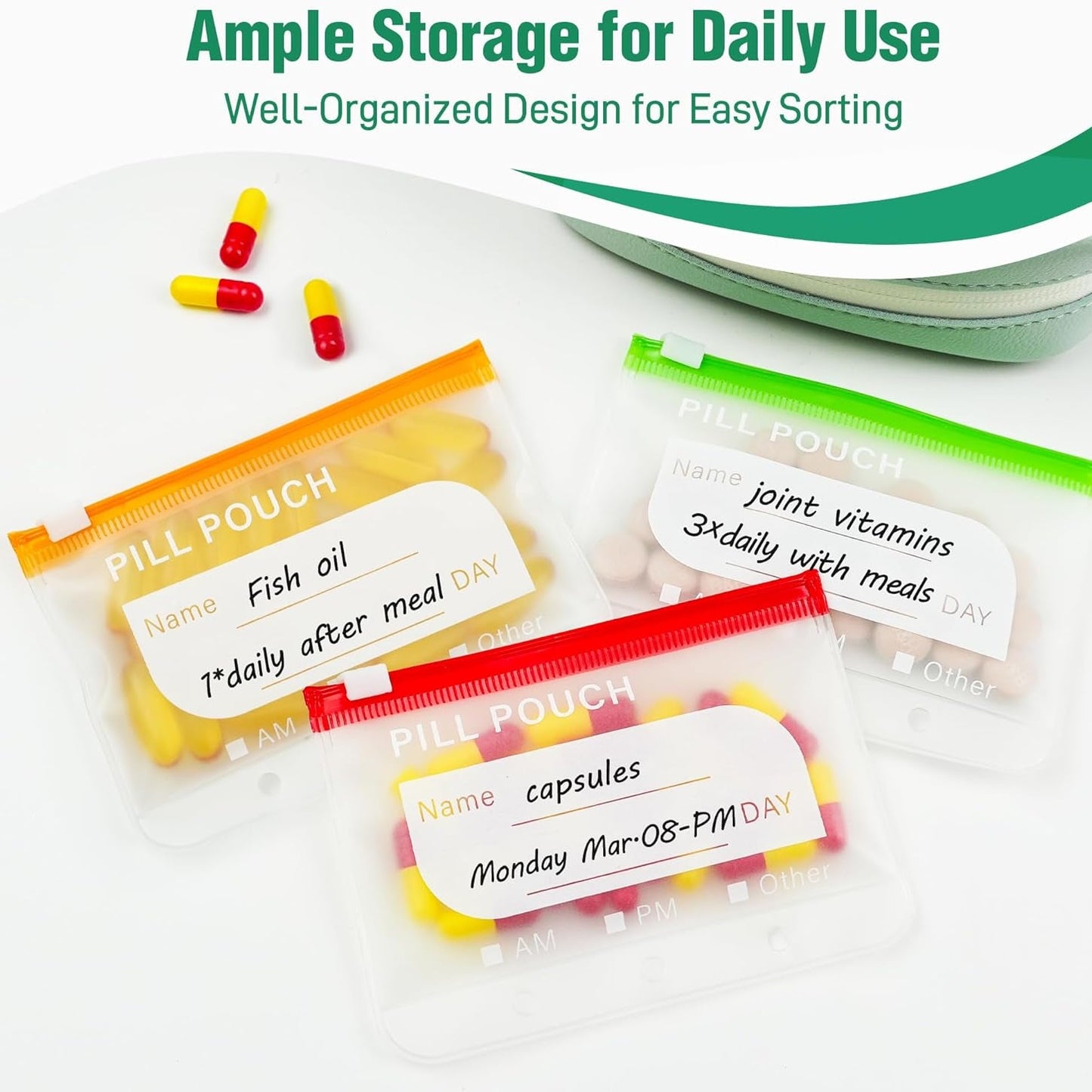 A8 Waterproof Pill Pouch Set with 14 Color-Coded Medicine Pouches