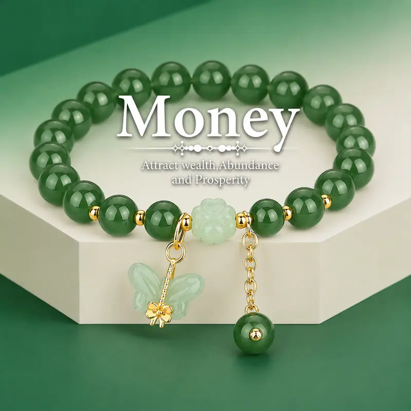 Lucky Green Dongling Jade Butterfly Charm Bracelet - Symbolism of Prosperity Blessing Crystal Pendant