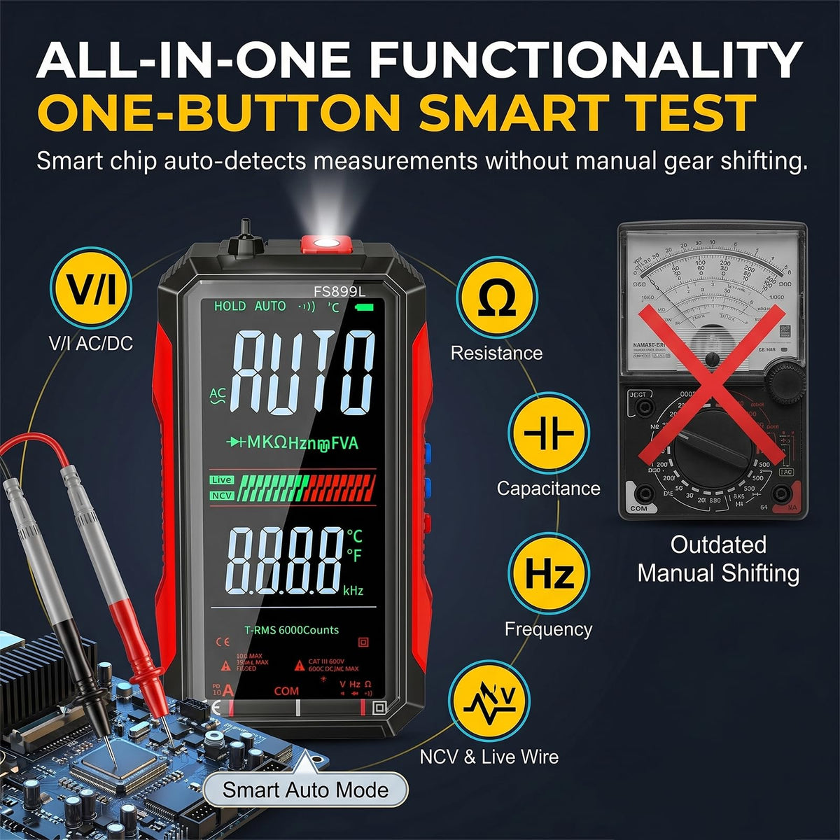 FS899L Digital Multimeter & 20 pcs Silicone Test Leads Kit, Auto 6000 Counts True RMS AC/DC Voltage Tester