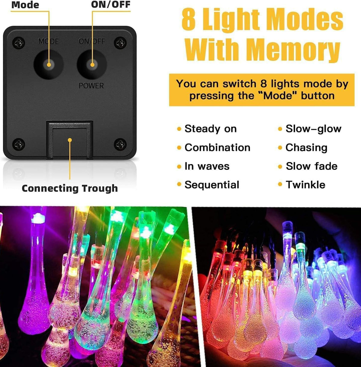 16.4FT Water Drop Solar String Lights, Outdoor Waterproof 20 LED
