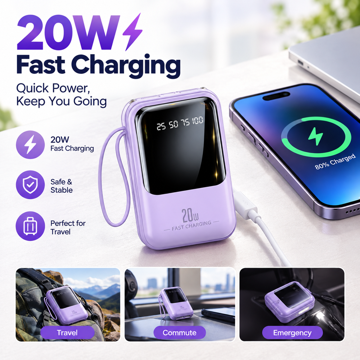20000mAh Fast Charging Portable Power Bank for Apple and Android Devices with Smart Digital Display