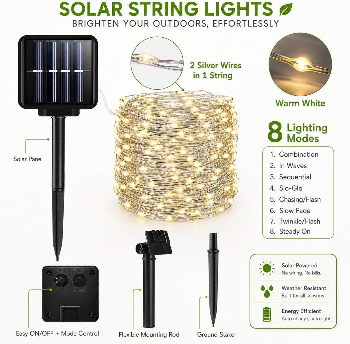 Solar Outdoor LED Waterproof String Sights 2 Packs