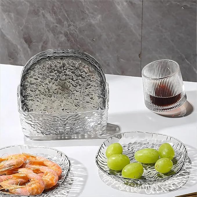 8Pcs Dinner Plates Set with Draining Rack ,Transparent Dinner Dishes Water Ripple Salad Plate