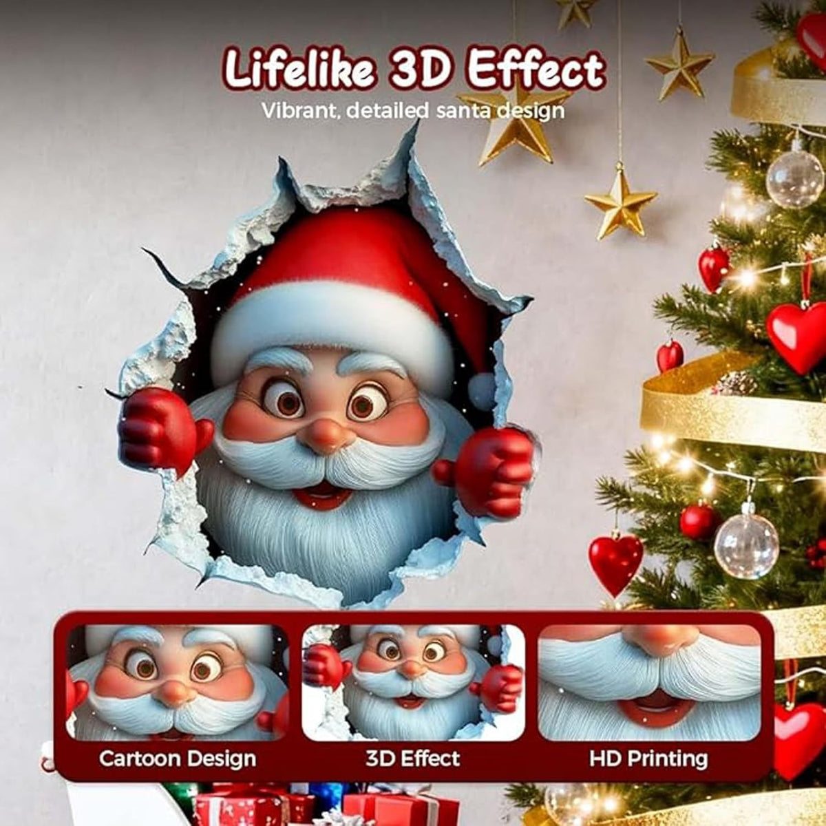 3Pcs Creative Christmas Santa Wall Stickers,Removable 3D Santa Wall Decal