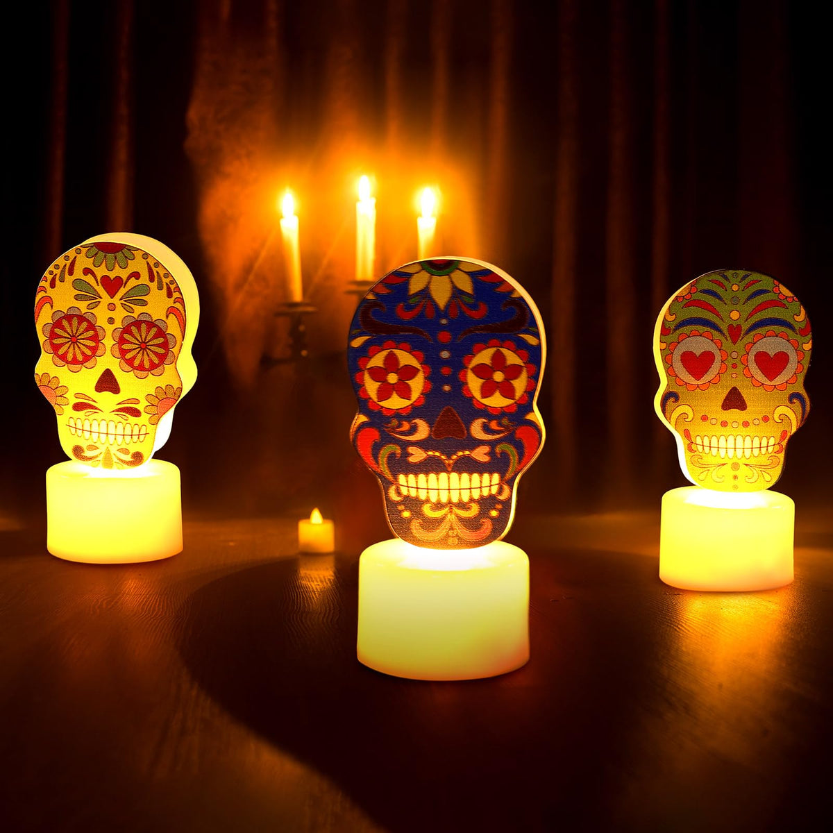 6 Pcs Day of Dead LED Flameless Candles Skull Sugar Decor