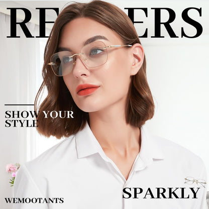 2 Packs Rimless Blue Light Blocking Reading Glasses for Women, Sparkling Metal Computer Readers
