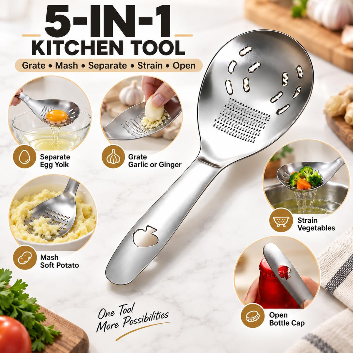 2Pcs 5-in-1 Multifunction Stainless Steel Cooking Spoon for Kitchen Utensil