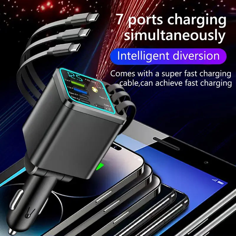 7-in-1 60W Retractable Car Charger with Star Projector Night Light and LED Decorative Light