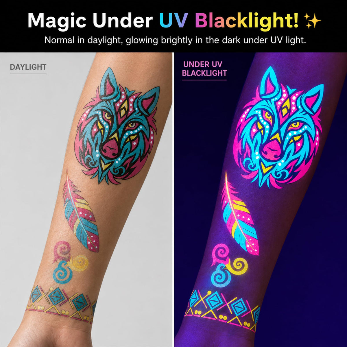 20 Sheets Glow in the Dark UV Blacklight Temporary Tattoos for Adults & Teens