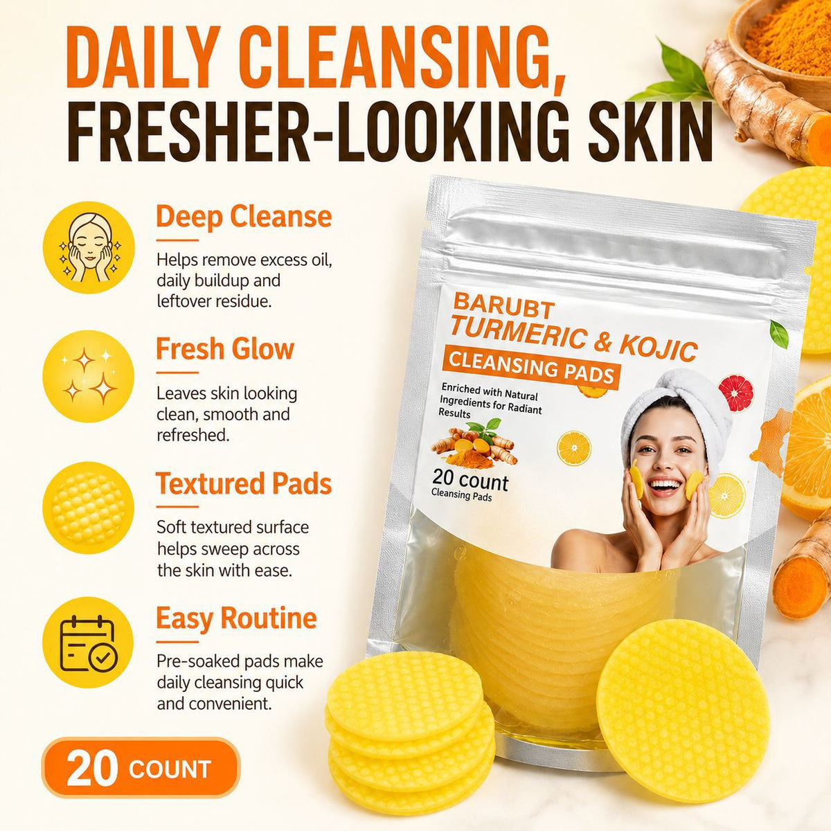 20 Pcs Turmeric & Kojic Acid Cleansing Pads — Deep Pore Cleansing