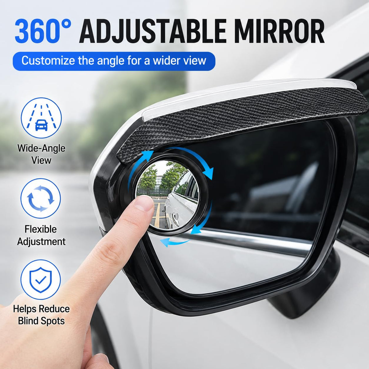 2 PCS HD Car Blind Spot Mirrors with Rain Guard, 2-in-1 Adjustable Carbon Fiber Rain Cover