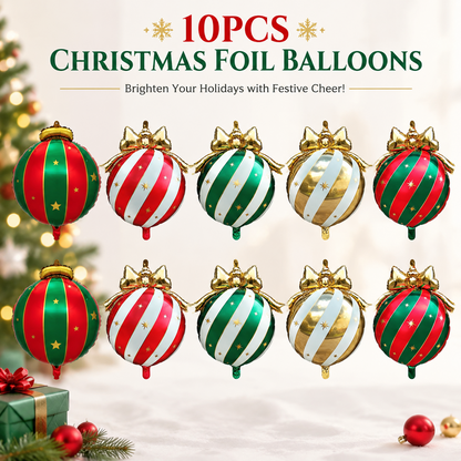 10Pcs Christmas Bow Ornament Foil Balloons Set, Red Green Gold White Striped Bauble Balloons