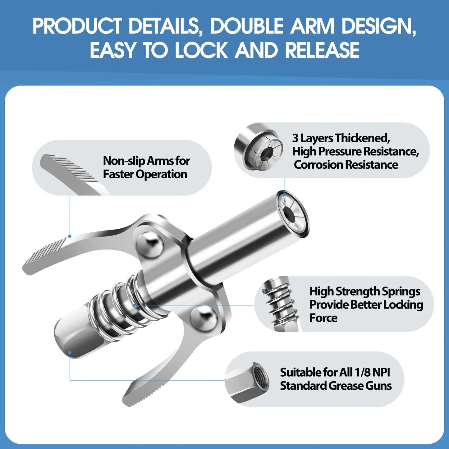 12000 PSI High Pressure Double Handle Quick Release Lock Oil Nozzles for All 1/8" NPT Grease Guns