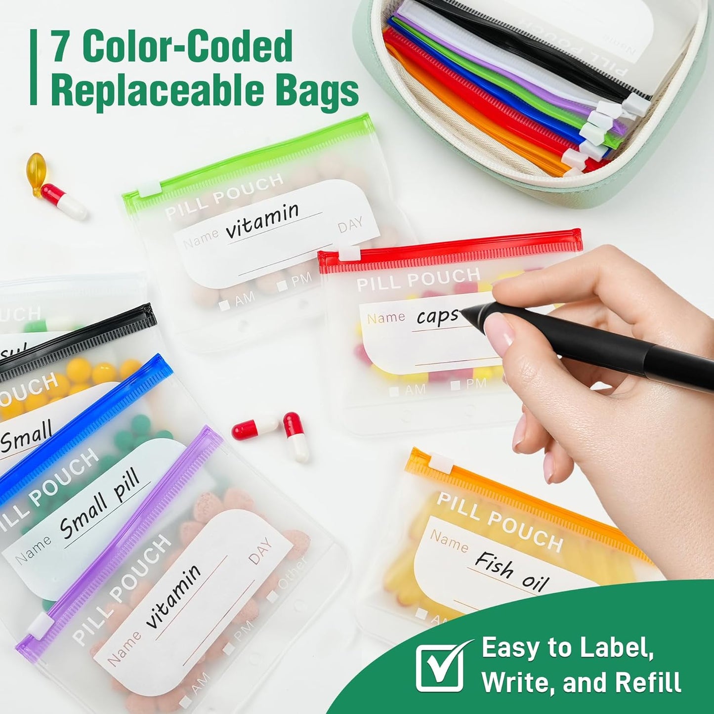A8 Waterproof Pill Pouch Set with 14 Color-Coded Medicine Pouches