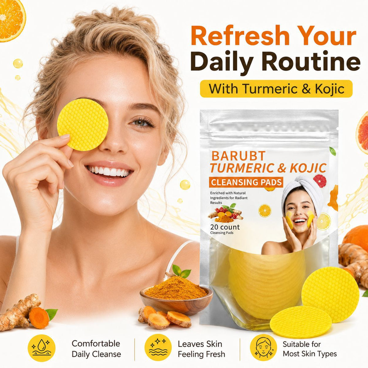 20 Pcs Turmeric & Kojic Acid Cleansing Pads — Deep Pore Cleansing
