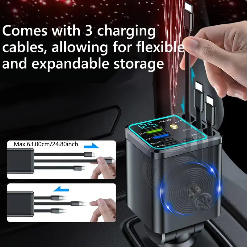 7-in-1 60W Retractable Car Charger with Star Projector Night Light and LED Decorative Light