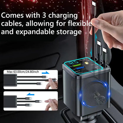 7-in-1 60W Retractable Car Charger with Star Projector Night Light and LED Decorative Light