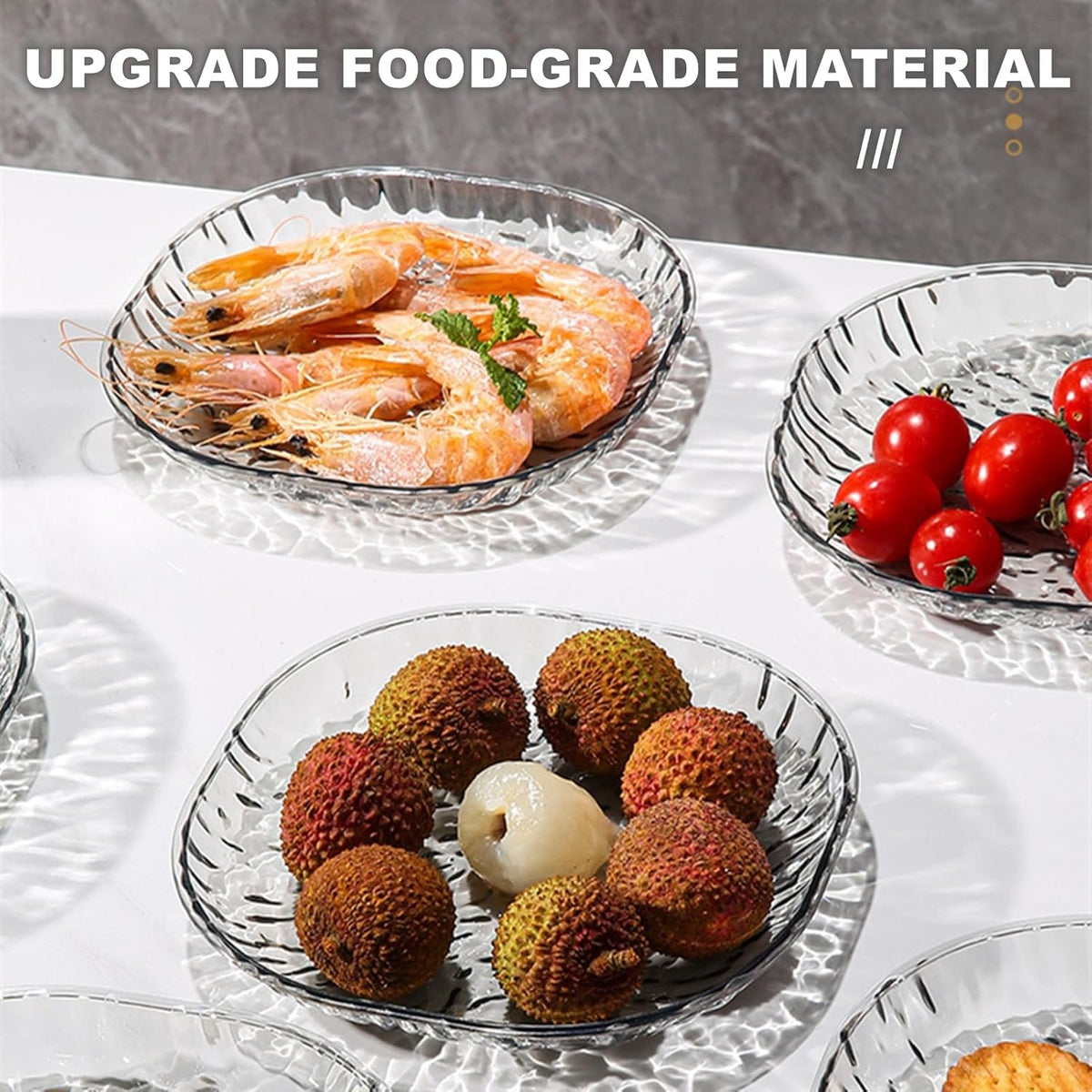 8Pcs Dinner Plates Set with Draining Rack ,Transparent Dinner Dishes Water Ripple Salad Plate