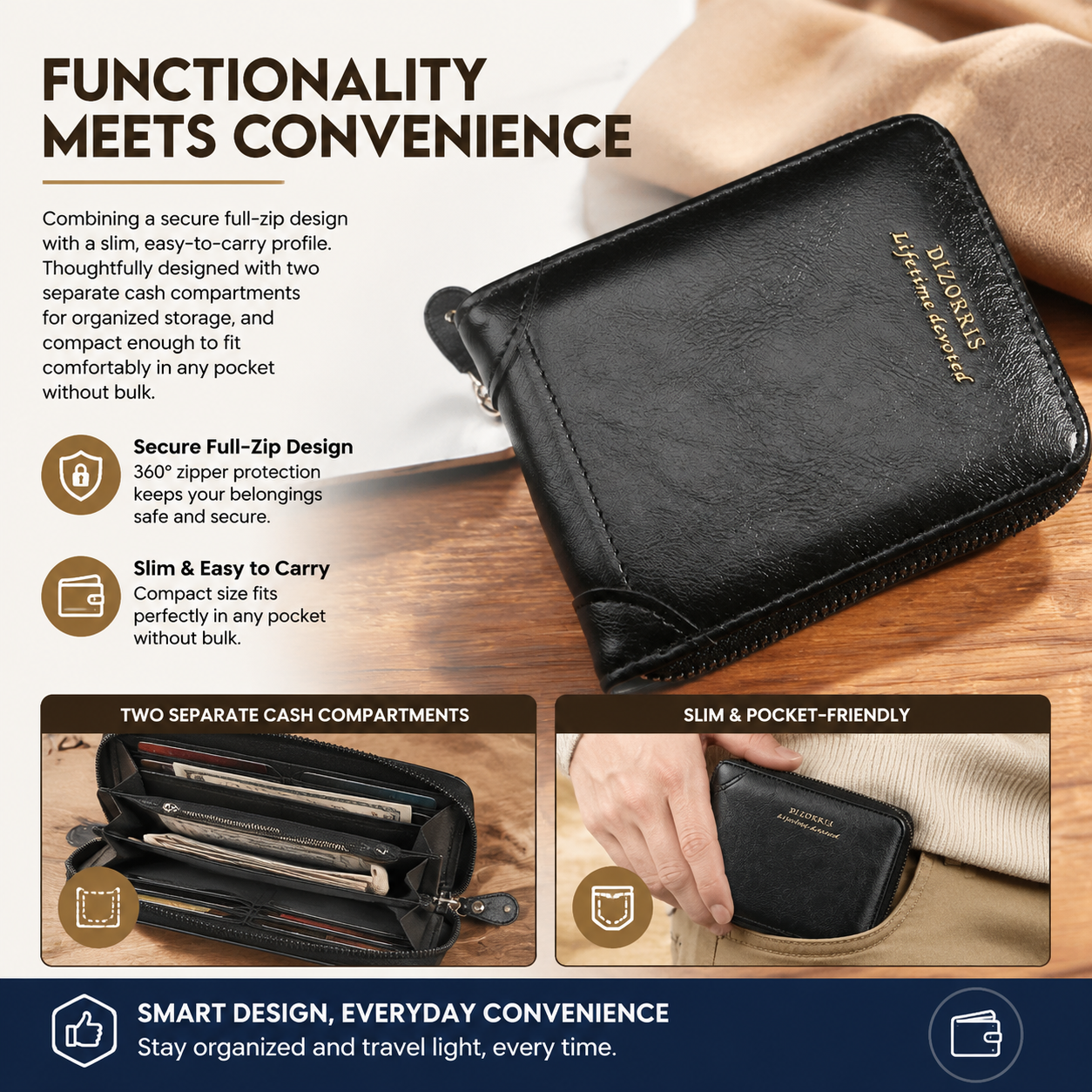 Men's Bi-fold Zip Leather Wallet I Features 9 card slots, 2clear ID windows, anddurable stitching
