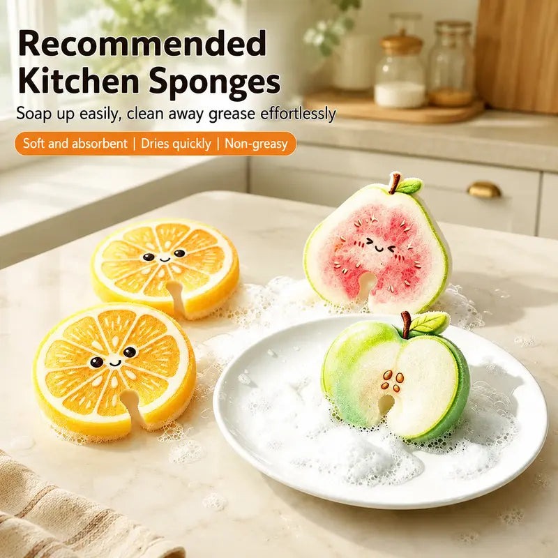 Cute Fruit‑Shaped Dishwashing Sponge Scrubber No‑Scratch Kitchen Cleaner