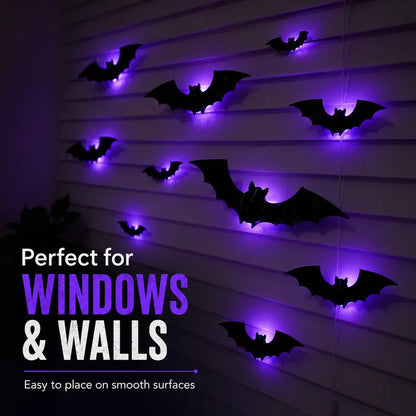 12Pcs Halloween Bats Wall Decor, Removable Lighted 3D Bats Wall Stickers Assorted Size