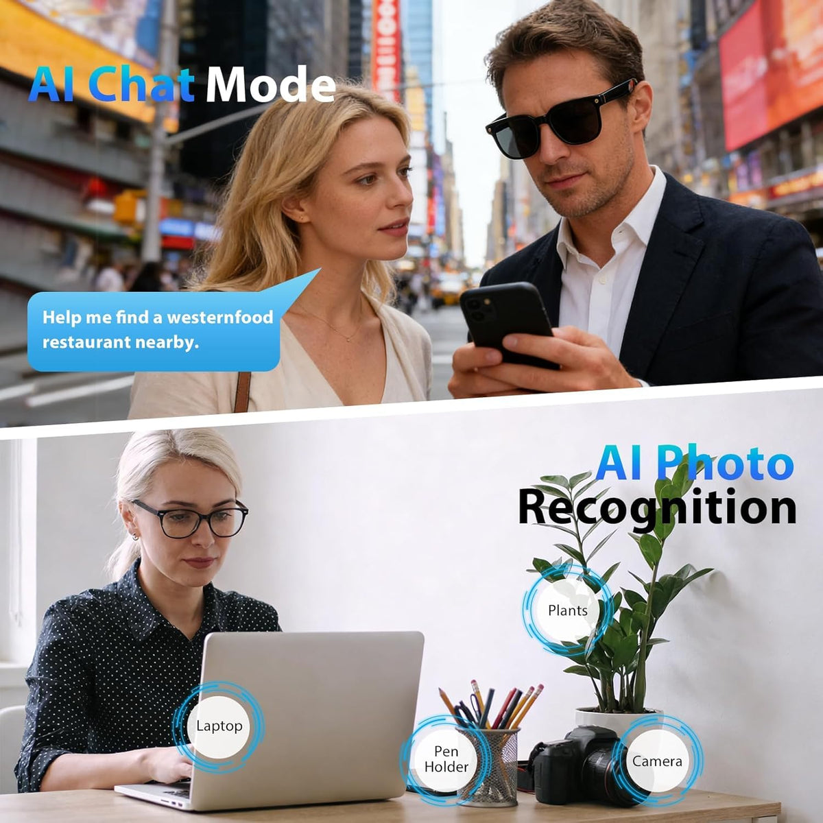 AI Smart Glasses Recording with Camera,  Real-Time Translation, Voice Assistant Light-Sensitive Lenses