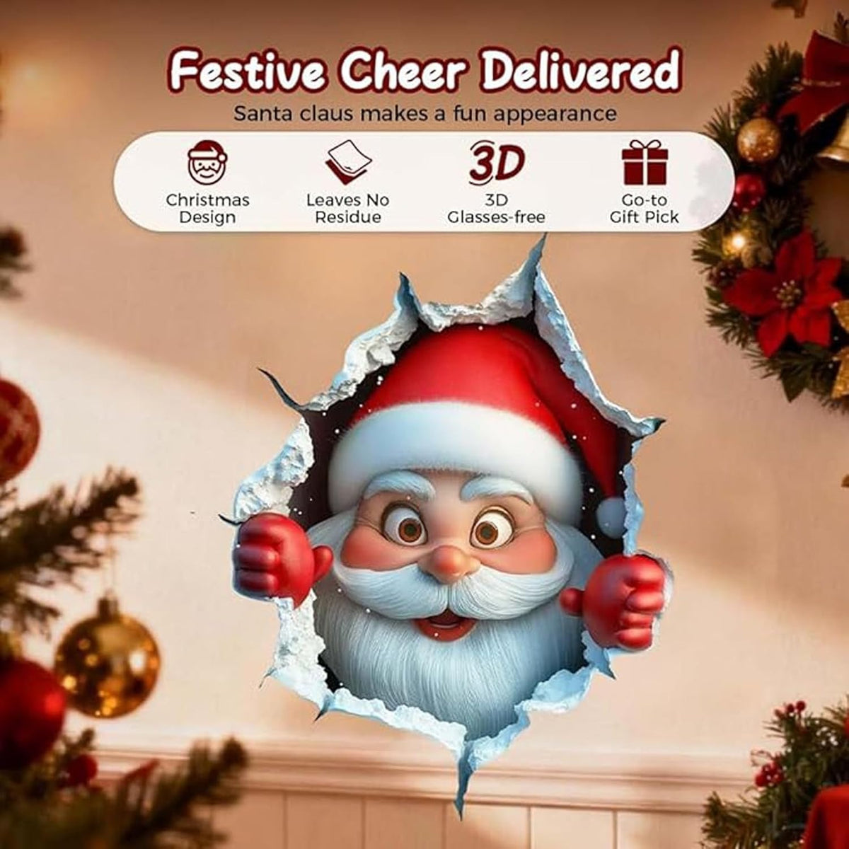 3Pcs Creative Christmas Santa Wall Stickers,Removable 3D Santa Wall Decal