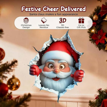 3Pcs Creative Christmas Santa Wall Stickers,Removable 3D Santa Wall Decal