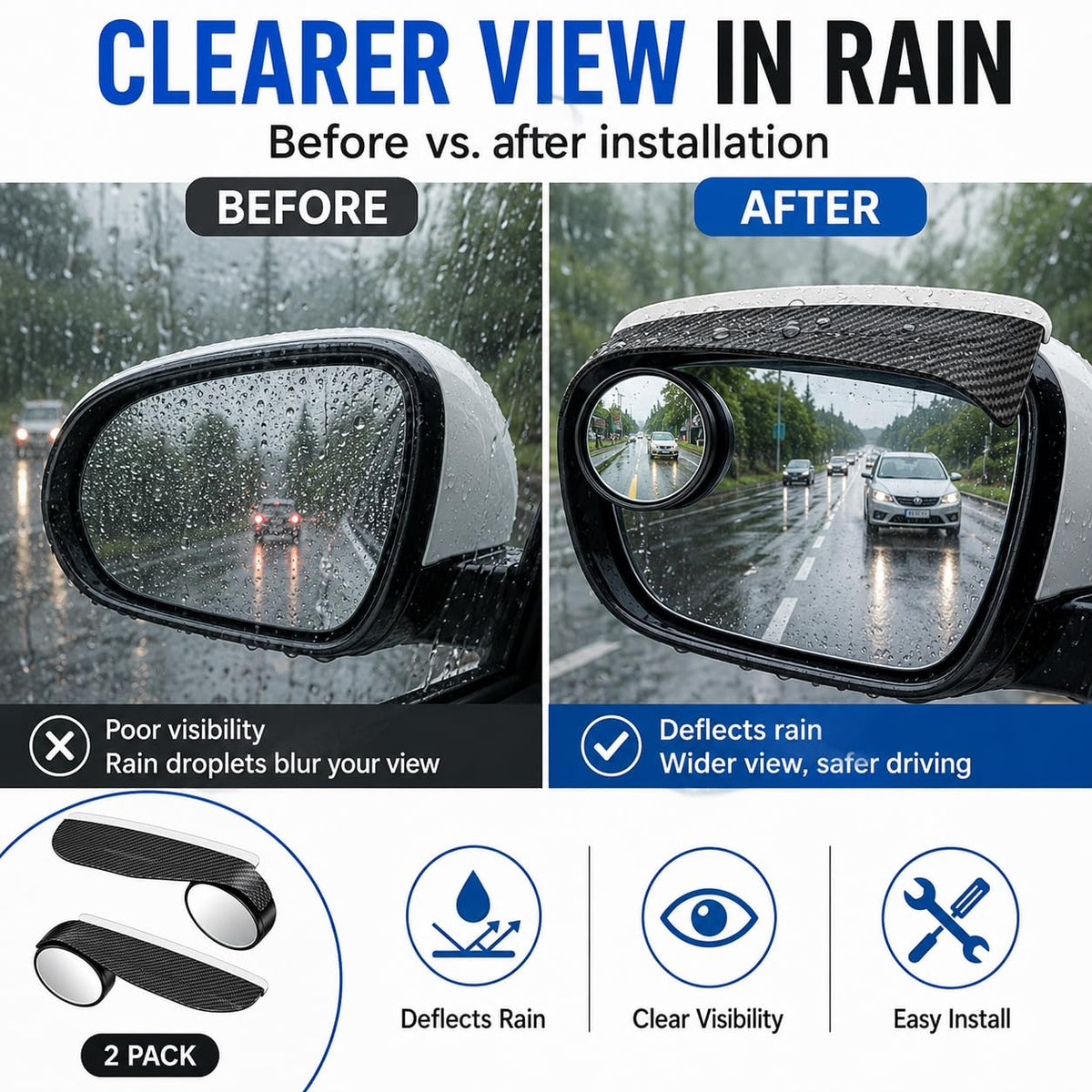 2 PCS HD Car Blind Spot Mirrors with Rain Guard, 2-in-1 Adjustable Carbon Fiber Rain Cover