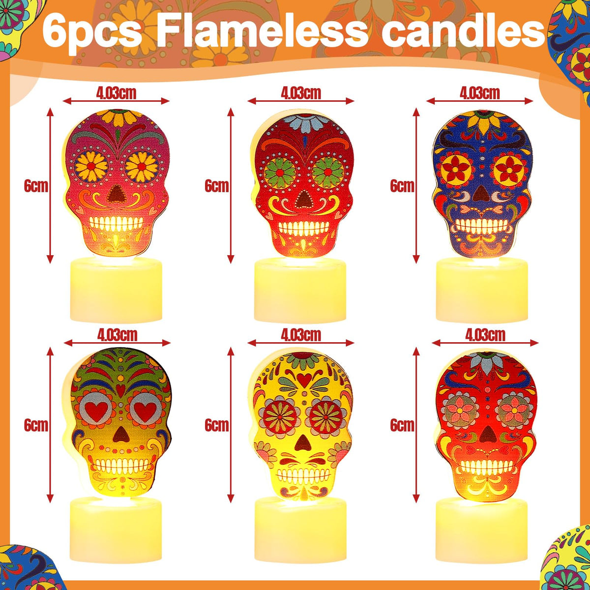 6 Pcs Day of Dead LED Flameless Candles Skull Sugar Decor