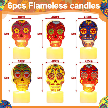 6 Pcs Day of Dead LED Flameless Candles Skull Sugar Decor