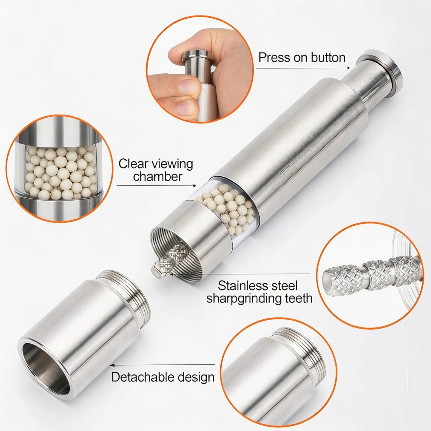 Stainless Steel Pepper Mill Salt Grinder Refillable Design, Manual Salt and Pepper Grinder Set for Spice