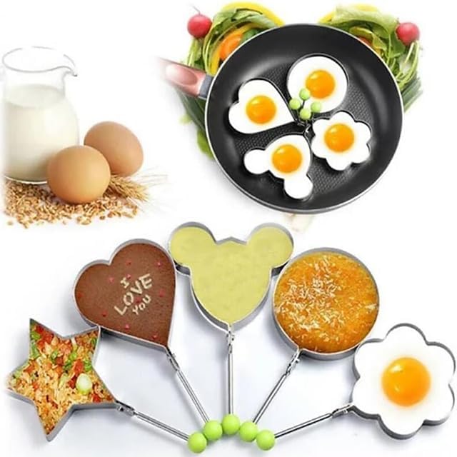 5 Pack Stainless Steel Egg Molds, 3.5 Inch Different Shape Silver Egg Ring Molds