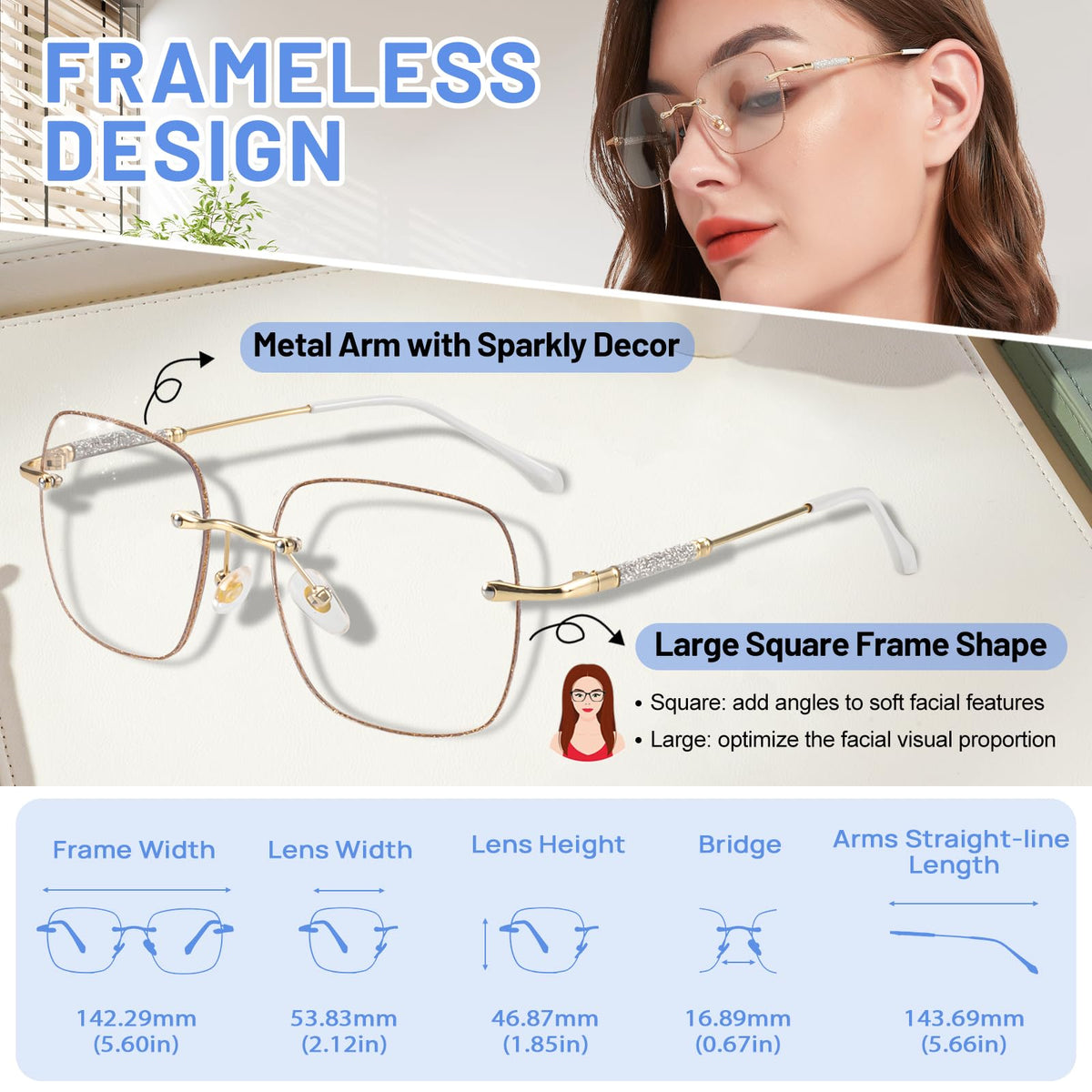 2 Packs Rimless Blue Light Blocking Reading Glasses for Women, Sparkling Metal Computer Readers