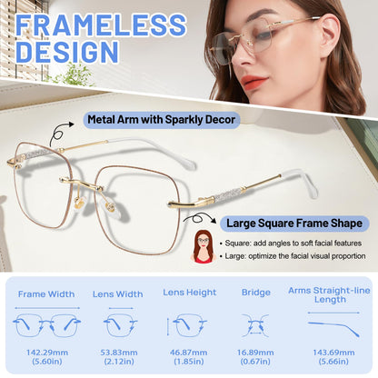2 Packs Rimless Blue Light Blocking Reading Glasses for Women, Sparkling Metal Computer Readers