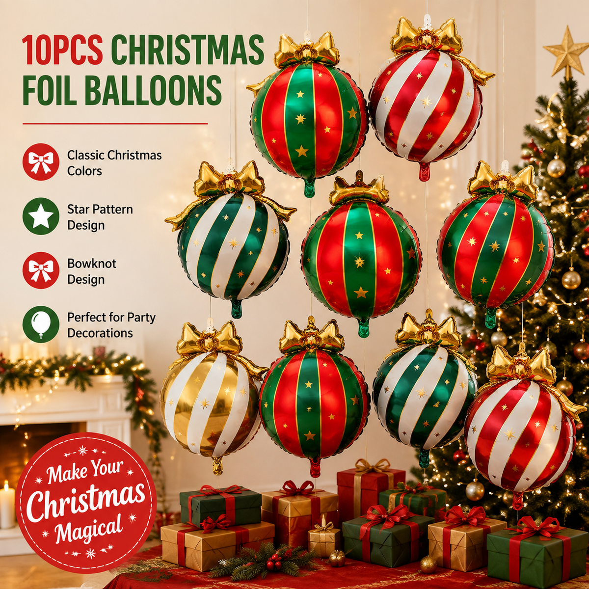 10Pcs Christmas Bow Ornament Foil Balloons Set, Red Green Gold White Striped Bauble Balloons
