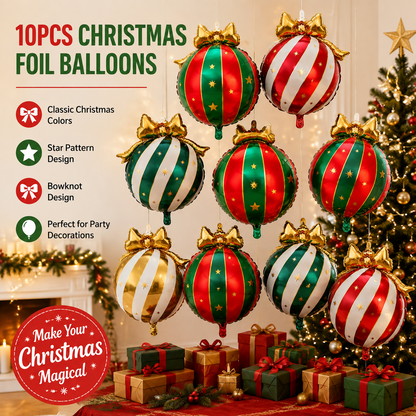 10Pcs Christmas Bow Ornament Foil Balloons Set, Red Green Gold White Striped Bauble Balloons