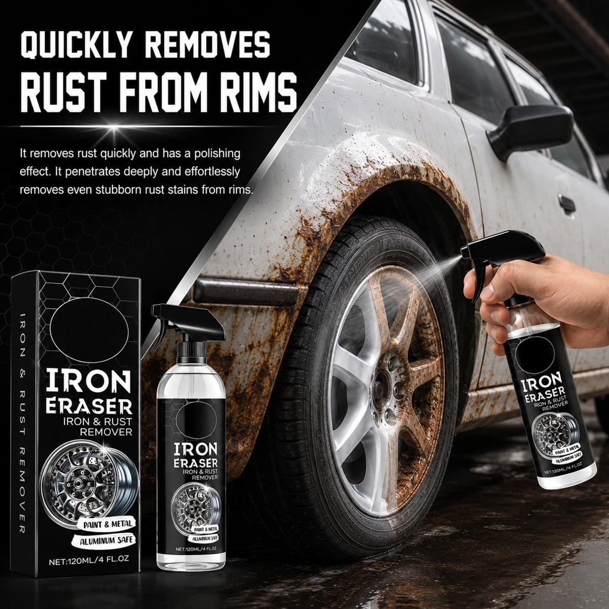 120ml Fast Iron and Rust Remover Spray for Cars, Wheels, Paint and Metal