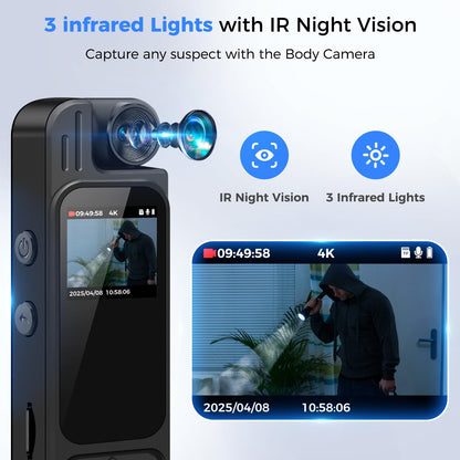 4K Body Camera with Audio and Video Recording Night Vision with 180 Rotating Lens