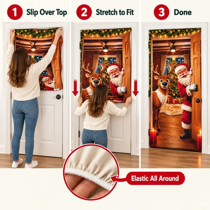 Colorful Santa Theme Reindeer Print Stretch Fabric Christmas Door Cover