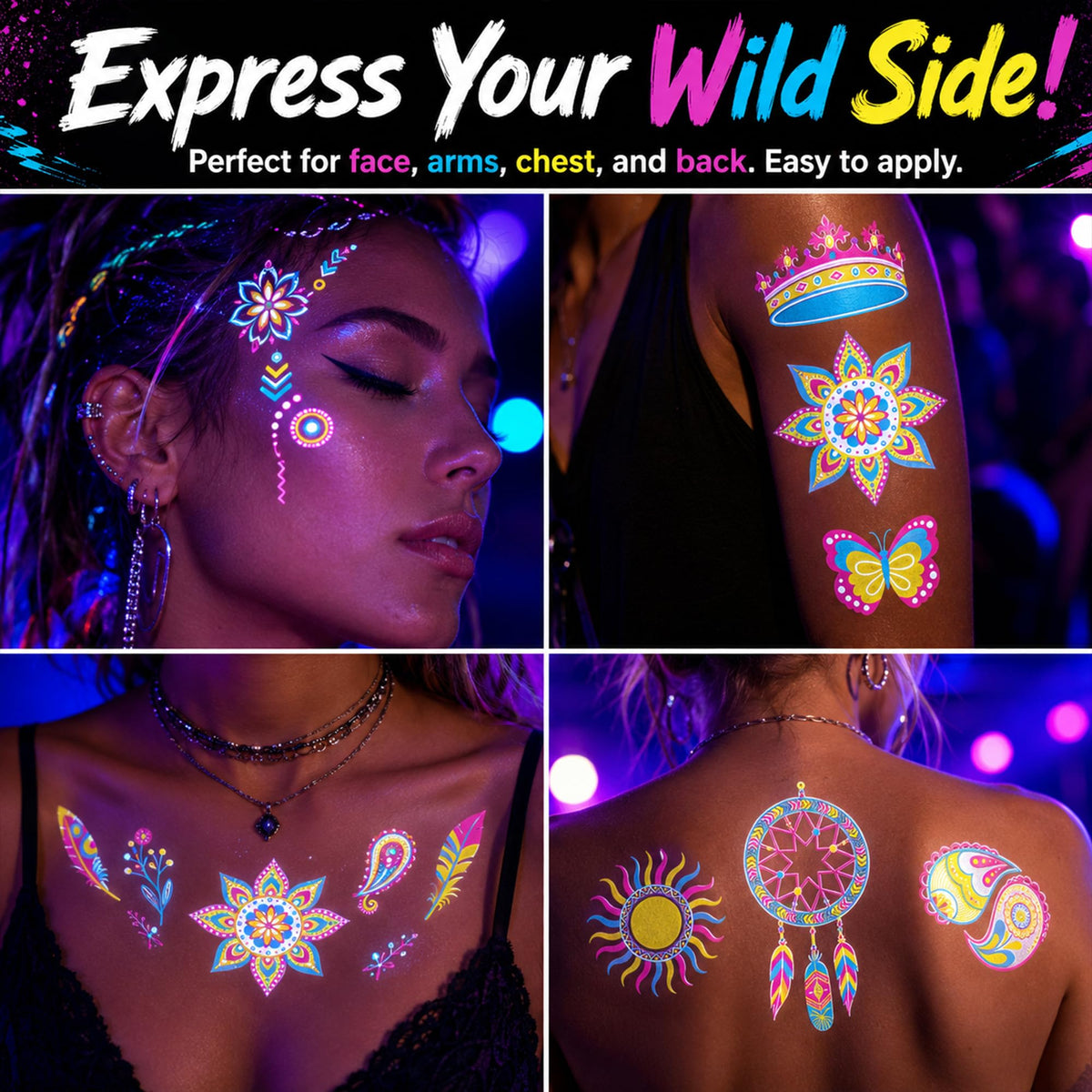 20 Sheets Glow in the Dark UV Blacklight Temporary Tattoos for Adults & Teens