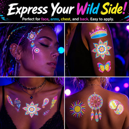20 Sheets Glow in the Dark UV Blacklight Temporary Tattoos for Adults & Teens