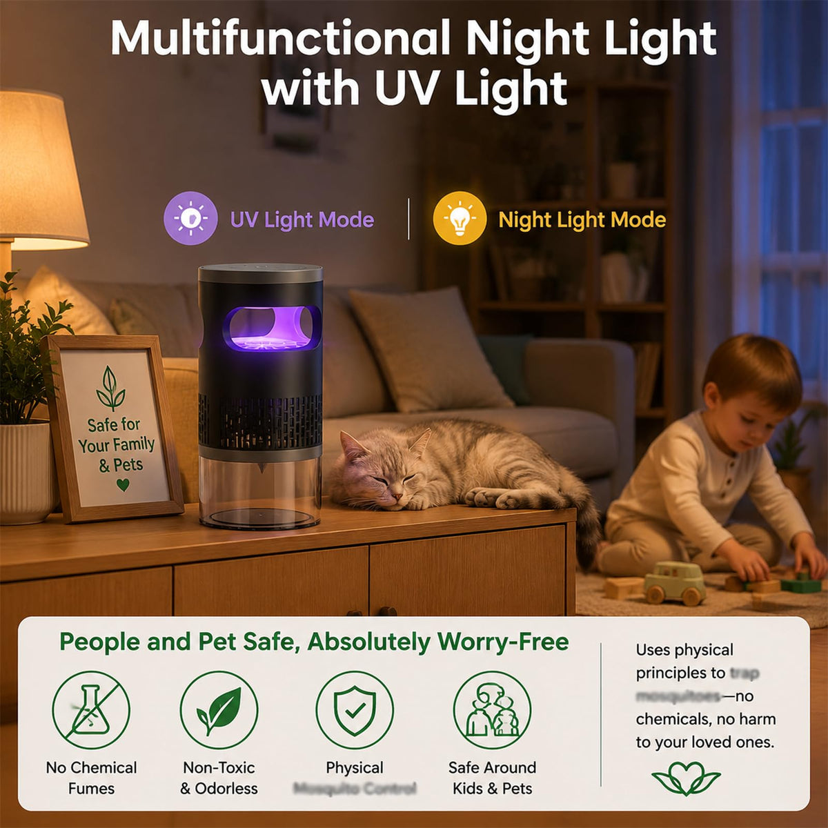 Indoor Flying Mosquito Zapper, Sleep-Friendly Night Light with Zap & Trap, Suction-Type Design