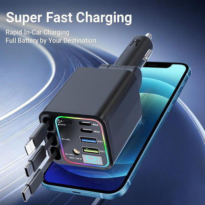 7-in-1 Retractable Car Charger: 120W Max Fast Charging Station with 3 Cables
