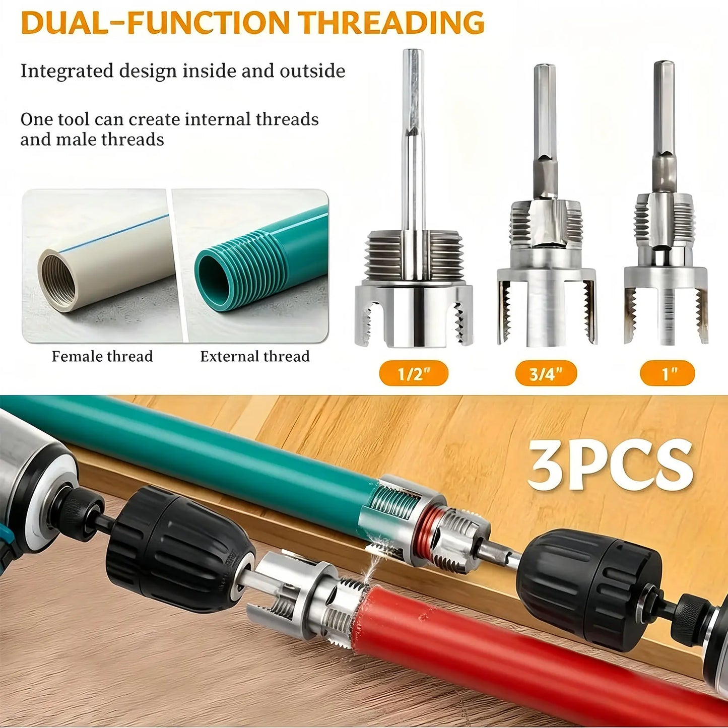 3 Pcs Integrated Internal & External Pipe Threading Tool